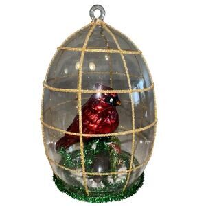2008 Joan Rivers Red Cardinal 7" Hand Blown Glass Ornament Birdcage Holly Gold